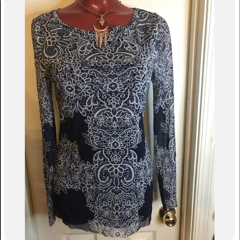 INC INTERNATIONAL CONCEPTS SEMI SHEER NYLON TOP- SIZE LARGE L -FLORAL RHINESTONE